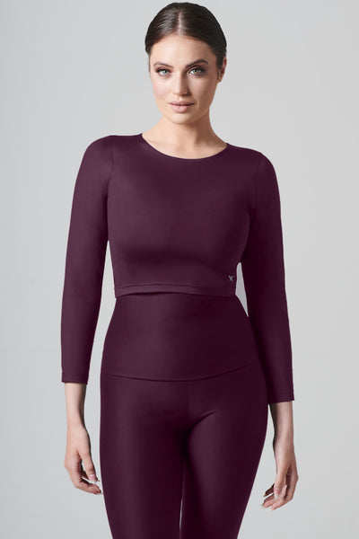 Long Sleeved High Neck Quick-Dry Cropped Top Wine