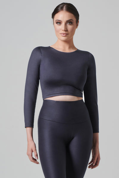 Long Sleeved High Neck Quick-Dry Cropped Top Slate
