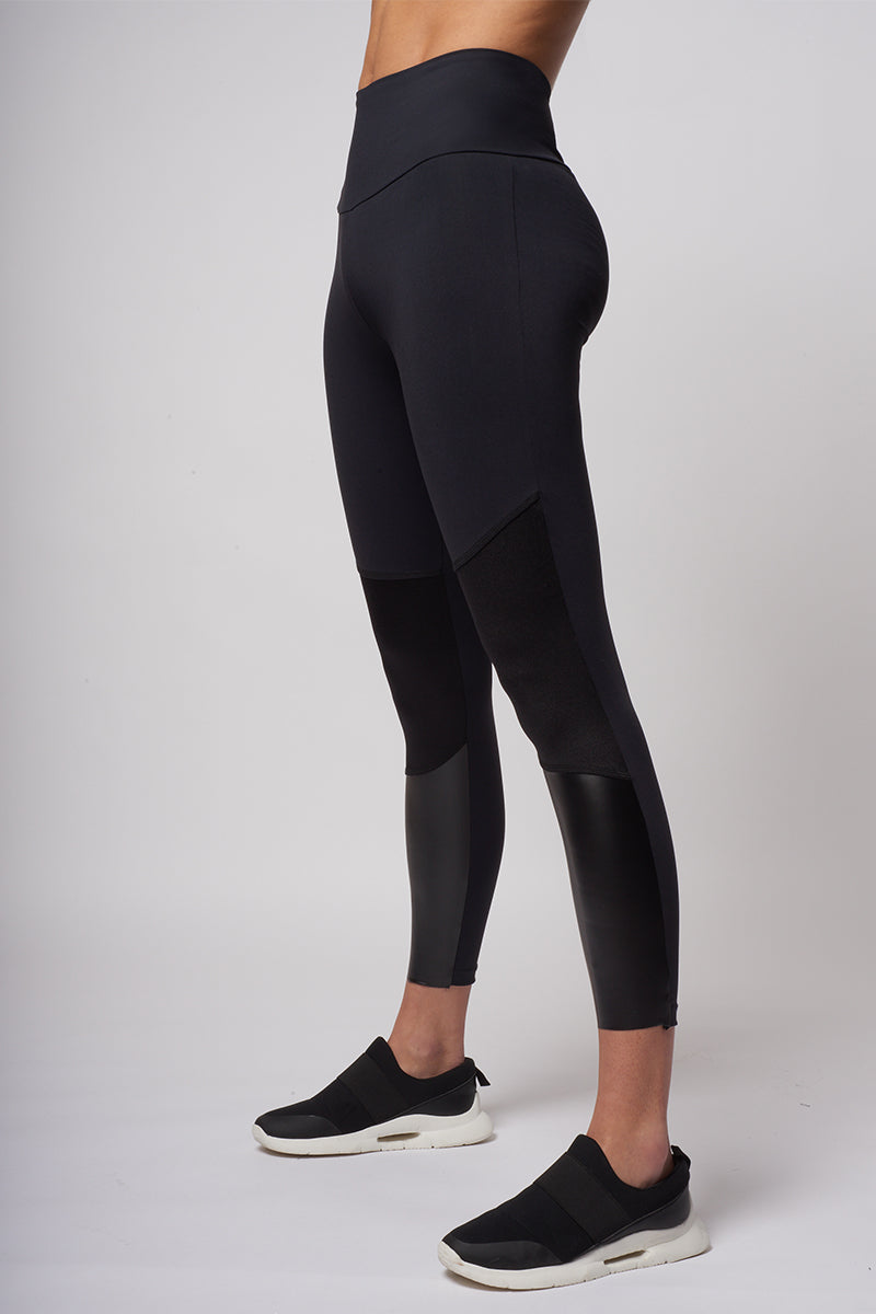 Medium Compression Waisted Leggings with High Shine Panel Black XS