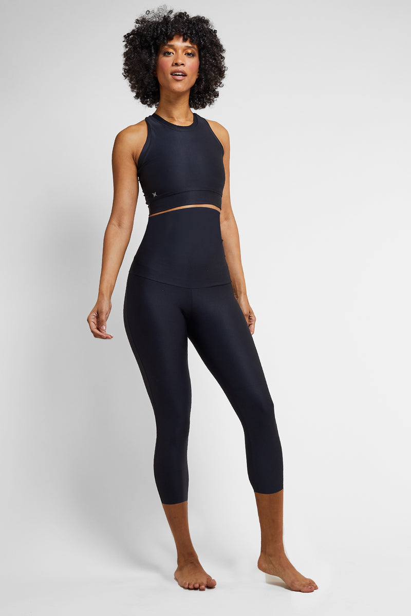 Extra Strong Compression High Waisted Running Cropped Leggings with Tummy Control Black by TLC Sport