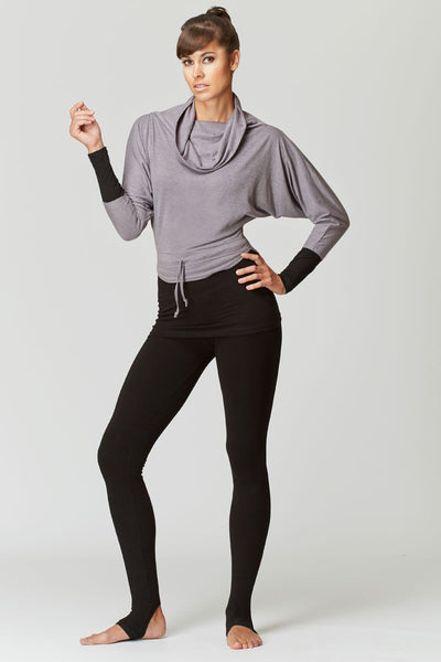 Long Sleeve Drawstring Waist Cowl Neck Yoga Top Grey by TLC Sport