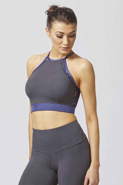 Lace Cross Back Strap Gym Bra Purple-Grey by TLC Sport