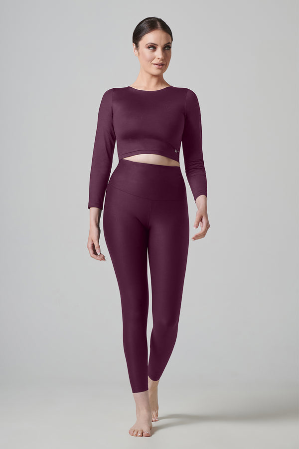 Long Sleeved High Neck Quick-Dry Cropped Top Wine