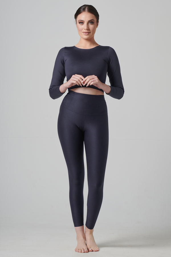 Long Sleeved High Neck Quick-Dry Cropped Top Slate