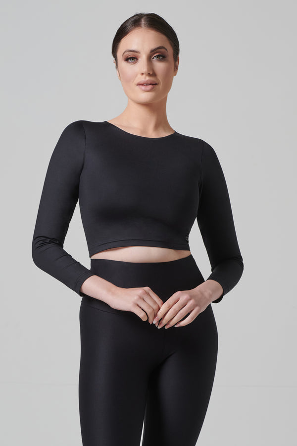 Long Sleeved High Neck Quick-Dry Cropped Top Black