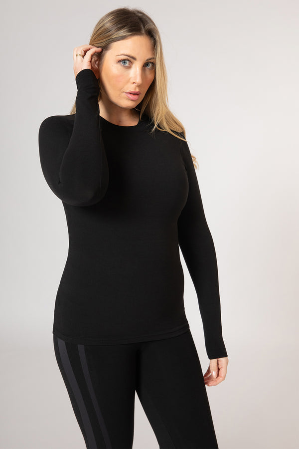 Body Sculpt Long Sleeve Full Length Top with Pocket & Built-In Bra Black