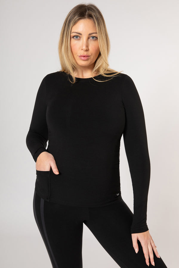 Body Sculpt Long Sleeve Full Length Top with Pocket & Built-In Bra Black