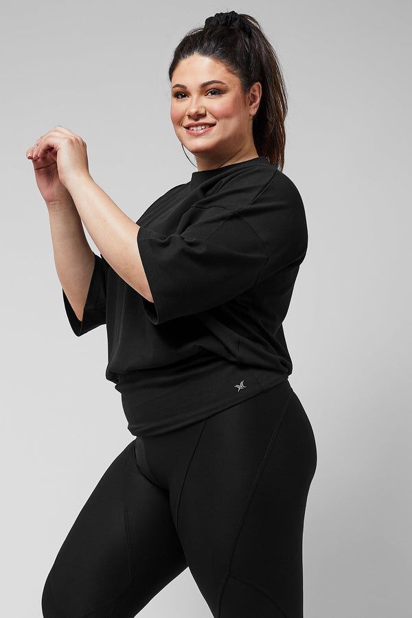 Yoga Elbow Sleeve Top with Cuffed Waistband Black + Medium Compression Waisted Leggings with Straight Skirt Black