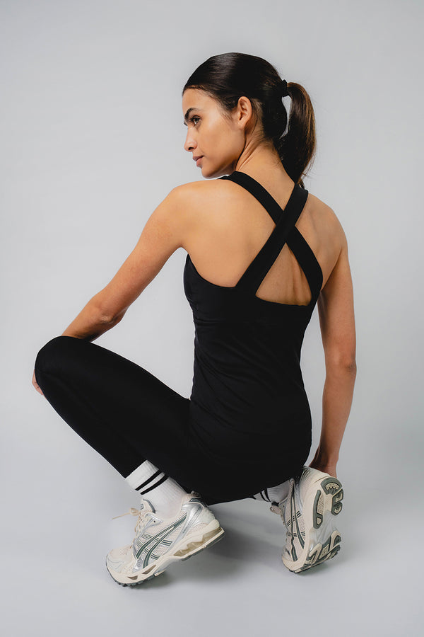 Quick Dry High Neck Cross Back Tank Black