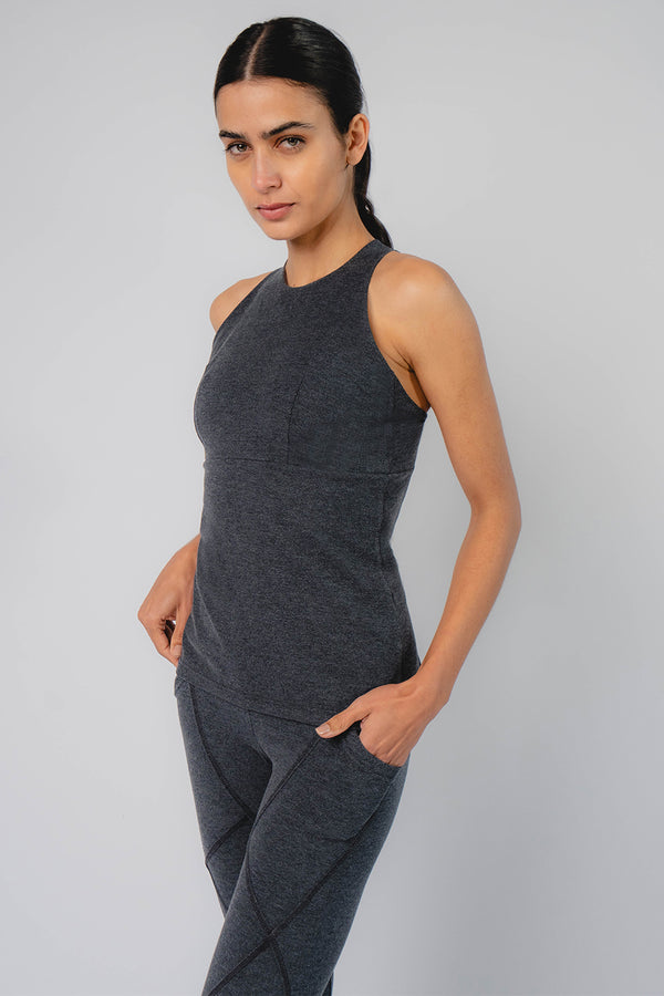 High Neck Cross Back Tank Marl Grey