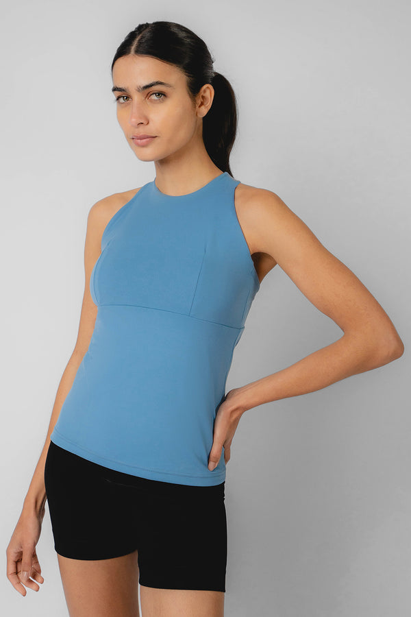 High Neck Cross Back Tank Petrol Blue