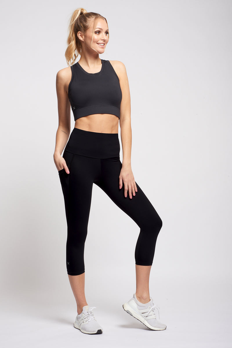 Extra Strong Compression Tummy Control Cropped Leggings with Side Pockets Black by TLC Sport