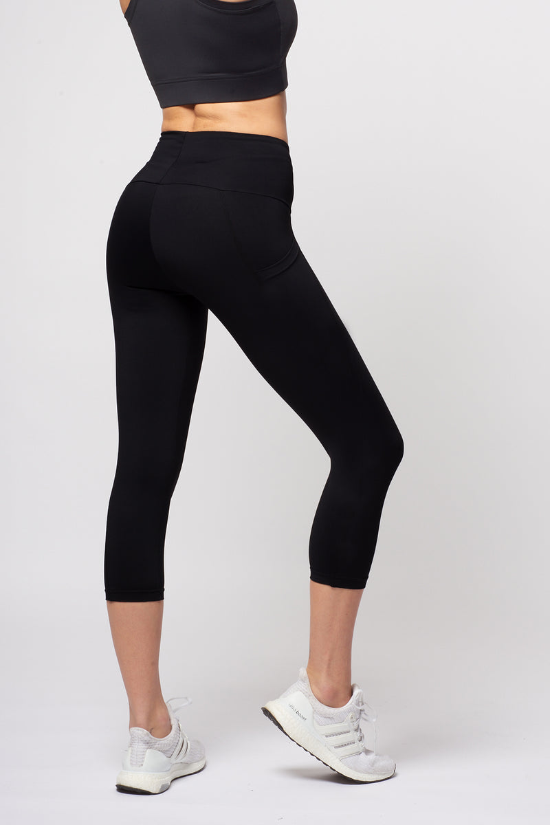 Extra Strong Compression Tummy Control Cropped Leggings with Side Pockets Black by TLC Sport