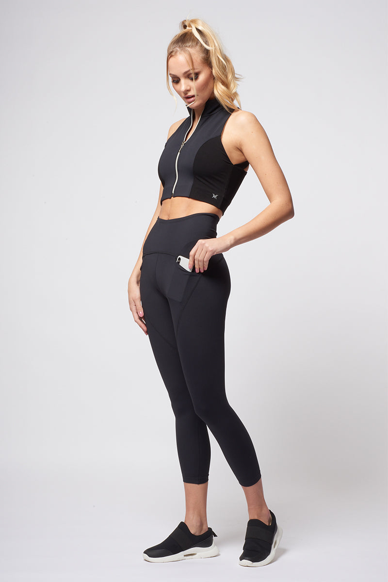Medium Impact Padded Sports Bra & High Rise Active Tights with Side Pocket  in Black