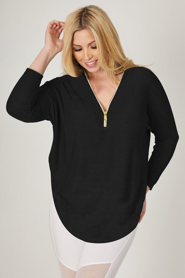 Yoga Long Sleeve Loose Top with Zip Black by TLC Sport