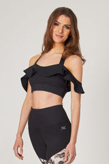 Yoga Bra with Halter Neck and Frill Strap Black by TLC Sport