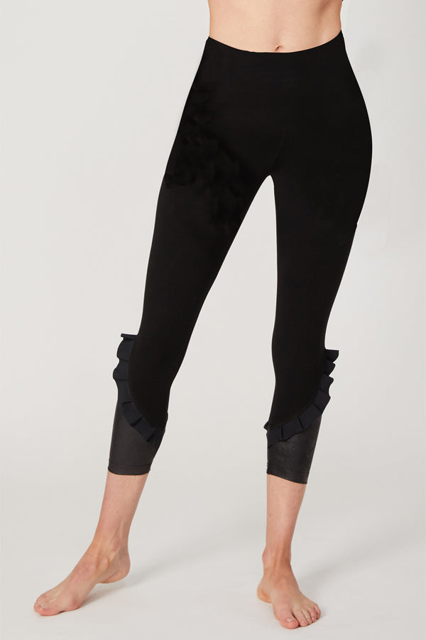 Medium Compression Cropped Leggings with Frill Side Detail Black by TLC Sport