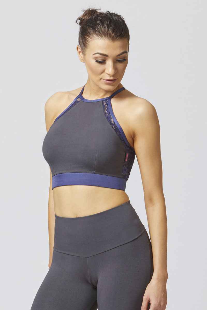 Lace Cross Back Strap Gym Bra Grey